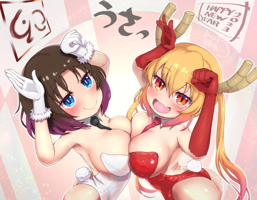 2girls ass asymmetrical_docking big_ass big_breasts bunnysuit duo elma_(dragon_maid) female female_only miss_kobayashi's_dragon_maid ozrereresan tohru_(dragon_maid)