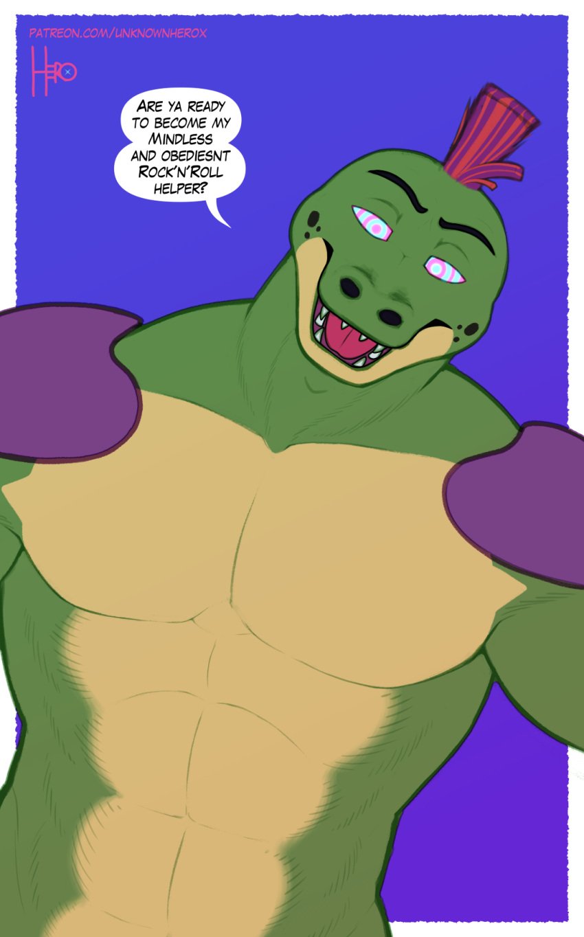 abs alligator alligatorid anthro crocodilian english_text five_nights_at_freddy's five_nights_at_freddy's:_security_breach hi_res hypnosis hypnotic_eyes hypnotizing_viewer male male_only matthew-x mind_control montgomery_gator_(fnaf) muscular muscular_anthro muscular_male nude pecs reptile scalie scottgames solo solo_male text url