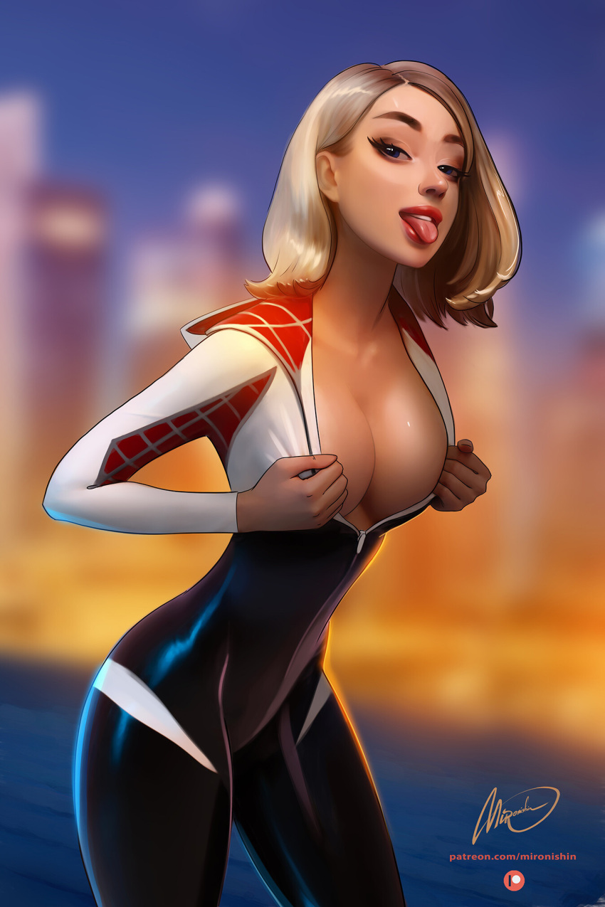 1girls big_breasts blonde_hair blue_eyes cleavage female female_only gwen_stacy marvel marvel_comics mironishin solo spider-gwen spider-man_(series) tagme tongue tongue_out unzipped