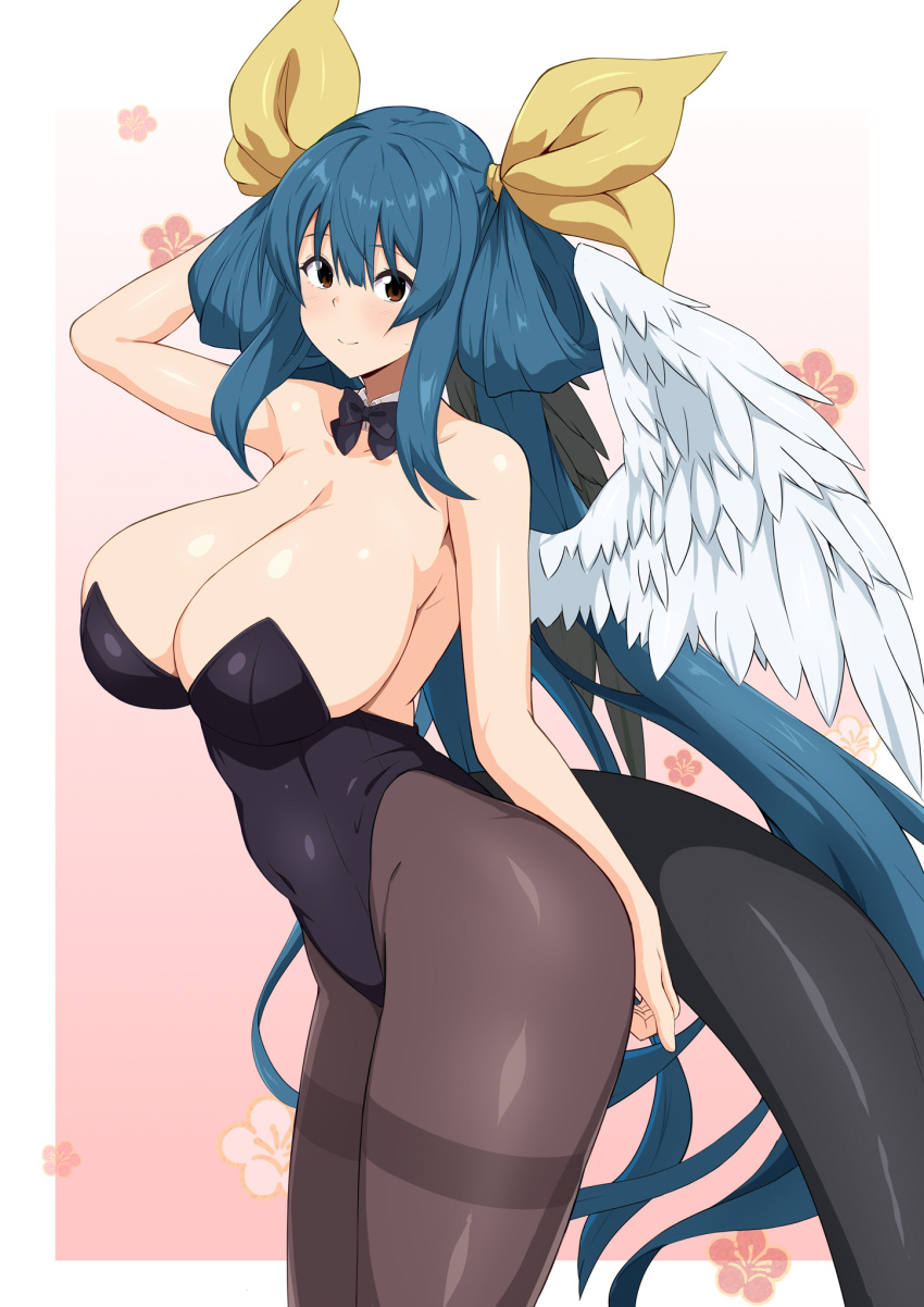 1girls angel_wings arc_system_works arm_above_head arm_up asymmetrical_wings bangs bare_shoulders black_bow black_bowtie black_leotard blue_hair blush border bow bowtie breasts bunnysuit chinese_zodiac cleavage collar collarbone covered_navel detached_collar dizzy_(guilty_gear) female fuuma_(bangolga1) guilty_gear hair_between_eyes hair_ribbon hair_rings highres huge_breasts large_breasts leotard long_hair looking_at_viewer monster_girl pantyhose pink_background playboy_bunny red_eyes ribbon sideboob sidelocks smile solo tail twintails white_border wings year_of_the_rabbit