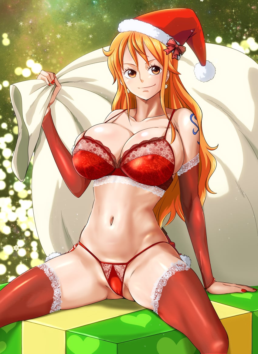 1girls christmas christmas_lingerie christmas_outfit female female_only minpei_ichigo nami one_piece post-timeskip santa_costume santa_hat tagme