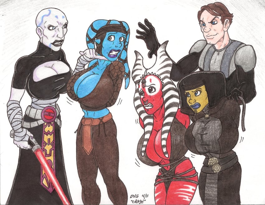 1boy 2d 4girls aayla_secura alien alien_girl alien_humanoid alternate_breast_size anakin_skywalker asajj_ventress bald bald_female big_breasts big_breats blue_skin bondage captured_heroine cleavage color crash2014 dathomiri drawn female giant_breasts huge_breasts human jedi jedi_knight jedi_master large_breasts lekku lekku_(anatomy) light-skinned_male lightsaber luminara_unduli male multiple_girls red_lightsaber red_skin round_breasts shaak_ti slave star_wars sword togruta traditional_media_(artwork) twi'lek wewapon white_skin