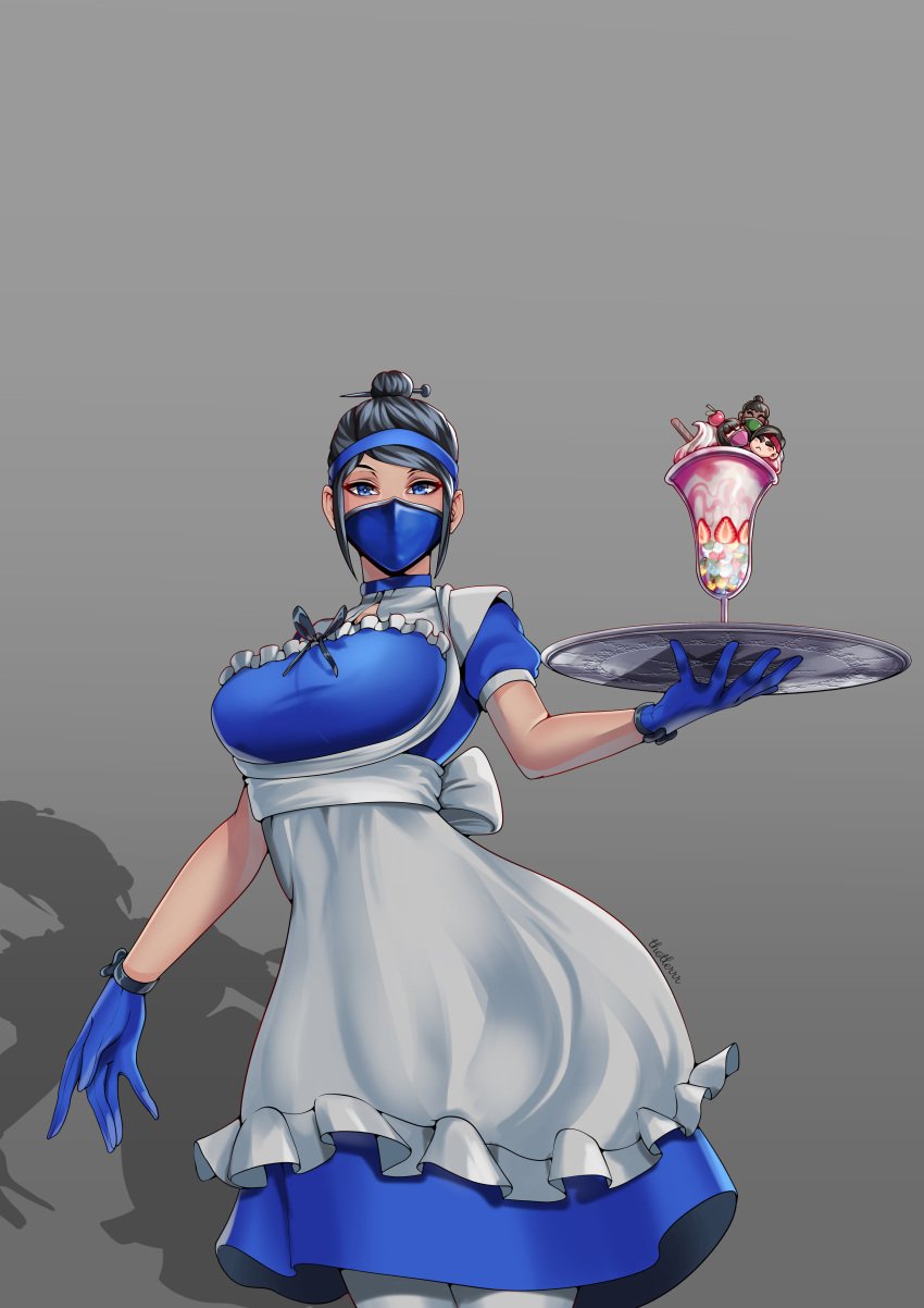 1girls 2d alternate_version_available blue_clothing clothed clothed_female clothing female female_only food fully_clothed gloves kitana maid maid_apron maid_outfit maid_uniform mask masked masked_female mortal_kombat mortal_kombat_11 solo solo_female thotlerrr treartz