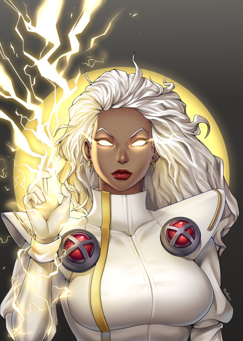 1girls big_breasts breasts dark-skinned_female dark_skin earrings female female_only fully_clothed glowing glowing_eyes lightning marvel marvel_comics ororo_munroe solo storm_(x-men) thotlerrr treartz white_clothing white_hair x-men x-men:_the_animated_series