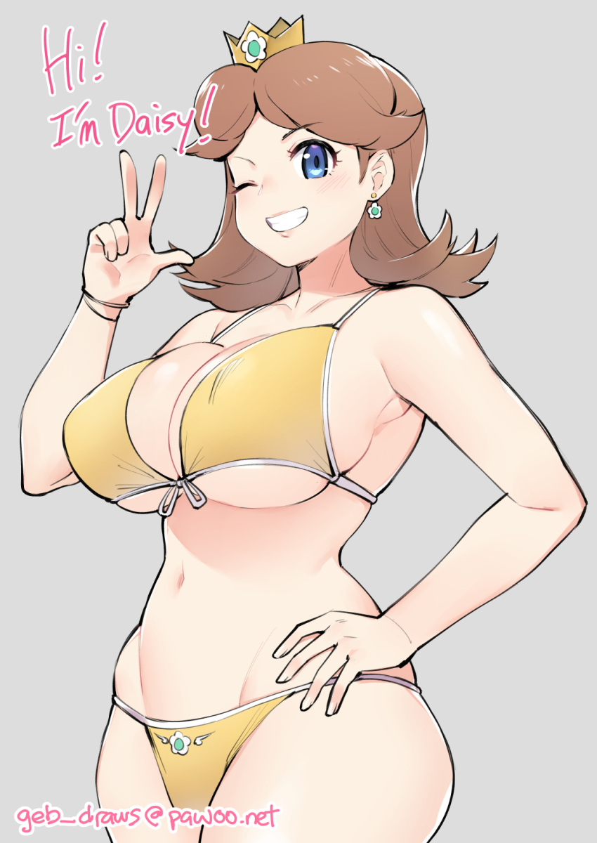 1girls artist_signature big_breasts bikini blue_eyes breasts brown_hair catchphrase cleavage cowboy_shot crown earrings ge-b gebyy-terar hand_on_hip jewelry looking_at_viewer mario_(series) mightykow navel nintendo open_mouth princess_daisy simple_background skindentation smile smiling_at_viewer solo text wink winking_at_viewer