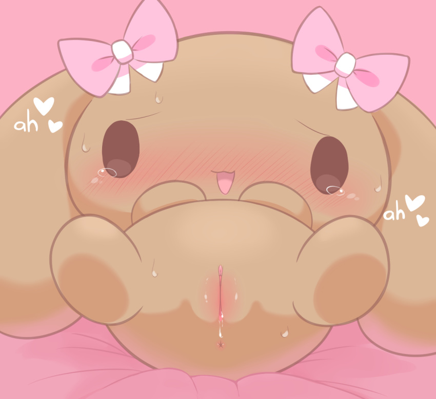 blush blush_lines cinnamoroll_(series) driosawm dripping_pussy female hair_ribbon hearts lying_on_back lying_on_bed mocha_(cinnamoroll) panting presenting presenting_pussy sanrio simple_background spread_legs sweating tearing_up