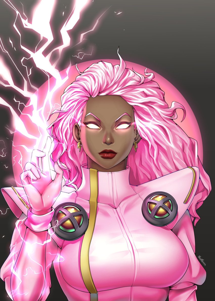 1girls big_breasts breasts dark-skinned_female dark_skin earrings female female_only fully_clothed glowing glowing_eyes lightning marvel marvel_comics ororo_munroe pink_clothing pink_hair solo storm_(x-men) thotlerrr treartz x-men x-men:_the_animated_series