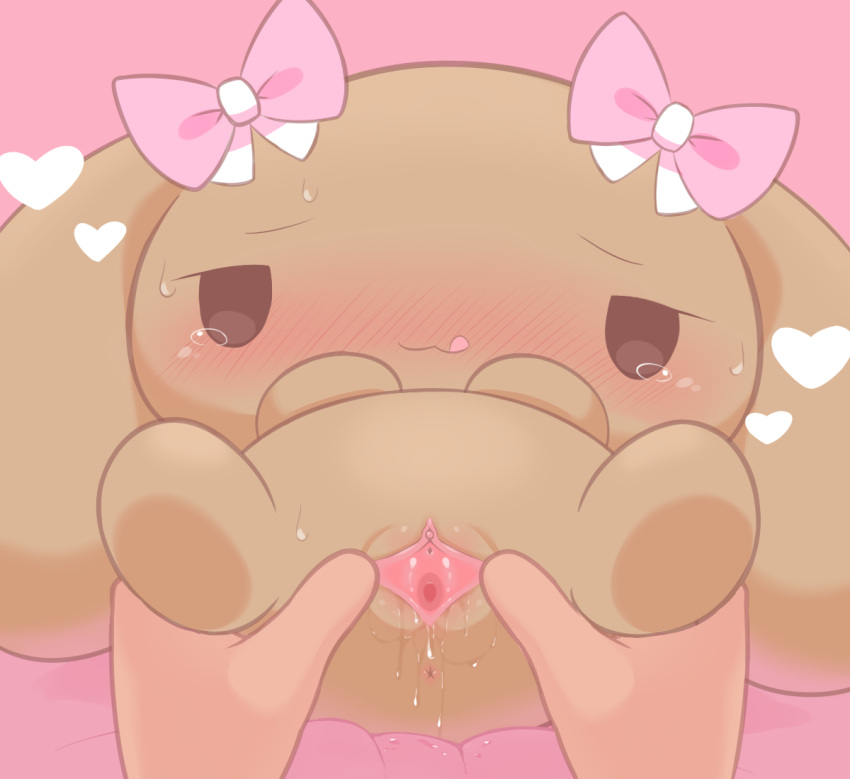 1girls bedroom_eyes blush blush_lines cinnamoroll_(series) disembodied_hands driosawm dripping_pussy female hair_ribbon hearts licking_lips looking_pleasured lying_on_back lying_on_bed mocha_(cinnamoroll) presenting presenting_pussy sanrio seductive simple_background spread_legs spreading_pussy sweating tearing_up