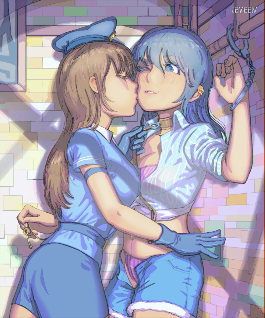 2girls blue_crop_top blue_eyes blue_hair blue_shirt blue_skirt bra bra_peek breasts brick_wall brown_hair closed_eyes collar crop_top earrings female female_only gloves handcuffs hat industrial_pipe kabedon key keychain kissing kissing_cheek leash leveen long_hair medium_breasts midriff multiple_girls original panties pencil_skirt pink_bra pink_panties pipes police police_hat police_officer police_uniform policewoman shirt short_hair skirt unbuttoned_shorts yuri