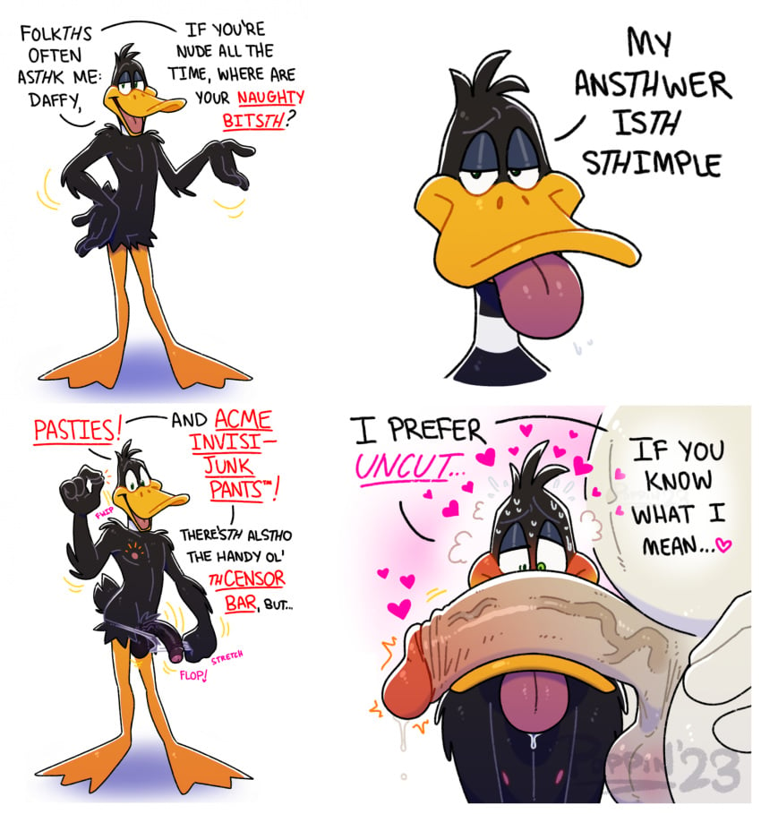 acme anatid anseriform anthro avian balls belly big_balls big_belly big_penis bird black_body black_feathers black_penis chicken clothing comic daffy_duck duck duo english_text feathers flaccid foghorn_leghorn foreskin galliform gallus_(genus) gay genitals hand_on_hip hi_res huge_cock humanoid_genitalia humanoid_penis lisp looney_tunes male male/male membrane_(anatomy) meme nipples overweight overweight_male pasties penis penis_on_face phasianid poppin presenting presenting_penis saggy_balls simple_background slim text the_looney_tunes_show these_aren't_my_glasses tongue tongue_out translucent translucent_clothing translucent_underwear underwear undressing vein veiny_penis warner_brothers webbed_feet white_body white_feathers