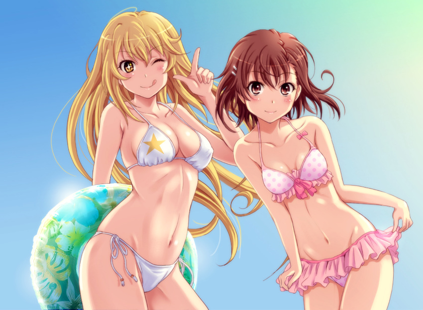 +_+ 10s 2013 2girls :q ;q bare_shoulders bikini bikini_skirt blonde_hair blush bow breasts brown_eyes brown_hair cleavage collarbone covered_erect_nipples feet_out_of_frame frilled_bikini frills groin hair_ornament hairclip hi_res hips innertube large_breasts light_blush long_hair looking_at_viewer matching_hair/eyes midriff misaka_mikoto multicolored_eyes multiple_girls navel one_eye_closed polka_dot polka_dot_bikini polka_dot_swimsuit shian_(my_lonly_life.) shiny_skin shokuhou_misaki short_hair side-tie_bikini_bottom small_breasts smile sparkle sparkling_eyes standing stomach strap_gap string_bikini swimsuit symbol-shaped_pupils teenage_girl teenager thighs to_aru_kagaku_no_railgun to_aru_majutsu_no_index tongue tongue_out two-tone_eyes unusual_pupils white_bikini wink yellow_eyes young