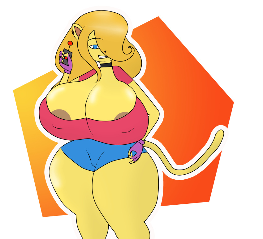 anthro blue_pants cat_tail catgirl earrings feline huge_breasts mrschllyay orange_hair original_character red_topwear remote_control sally_furbomb simple_background solo solo_female wide_hips yellow_body yellow_fur