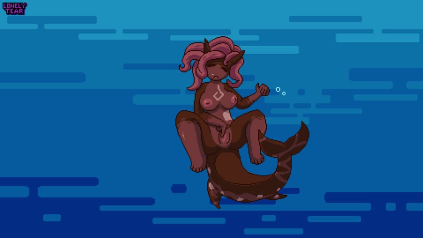 animated brown_body brown_eyes brown_hair female lonelytear masturbation pixel_animation pixel_art shark solo water