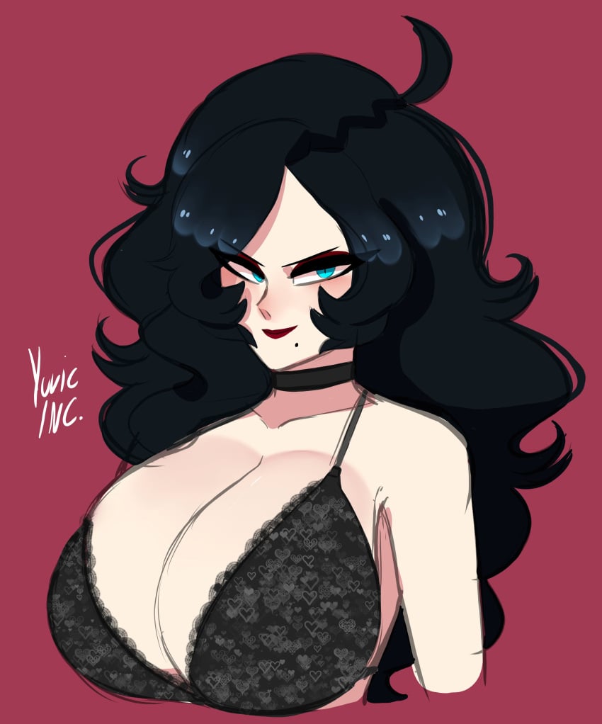 artist_signature beauty_mark big_breasts black_bra black_hair blue_eyes bra bust huge_breasts hyper_breasts large_breasts lucaslife_(yuric_inc) massive_breasts mole mole_under_eye mole_under_mouth pink_background silvia_(yuric_inc) yuric_inc