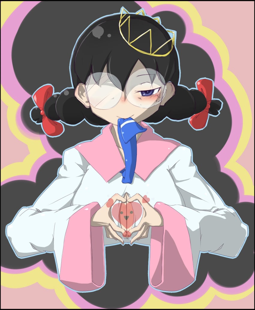 2014 artist_request big_breasts black_hair breasts cleavage clothing clothing_cutout crown fairy_queen female female_only glasses hair_ribbon heart heart_hands hi_res kirby_(series) kirby_64 long_sleeves looking_at_viewer nintendo queen_ripple sleeves twin_braids