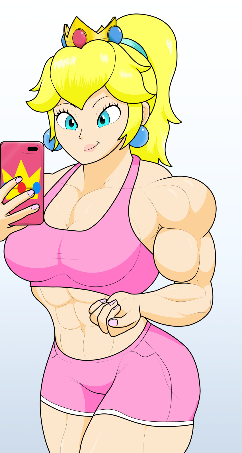 1girls abs black_eyebrows black_eyelashes blonde_hair blue_earrings blue_eyes blue_eyes_female blue_jewel breasts cleavage clothed clothing crown earrings eyebrows eyelashes female female_focus female_only girlboss gradient_background grey_background holding_object holding_phone light-skinned_female light_skin lipstick looking_at_phone mario_(series) matchstick_(artist) muscles muscular muscular_female navel nintendo partially_clothed photoshop pink_clothing pink_fingernails pink_lipstick pink_phone pink_shorts pink_topwear ponytail princess princess_peach red_jewel selfie simple_background six_pack smartphone smile smiling solo sports_bra sportswear standing strong strong_woman thick_thighs thighs tied_hair tough_girl white_skin