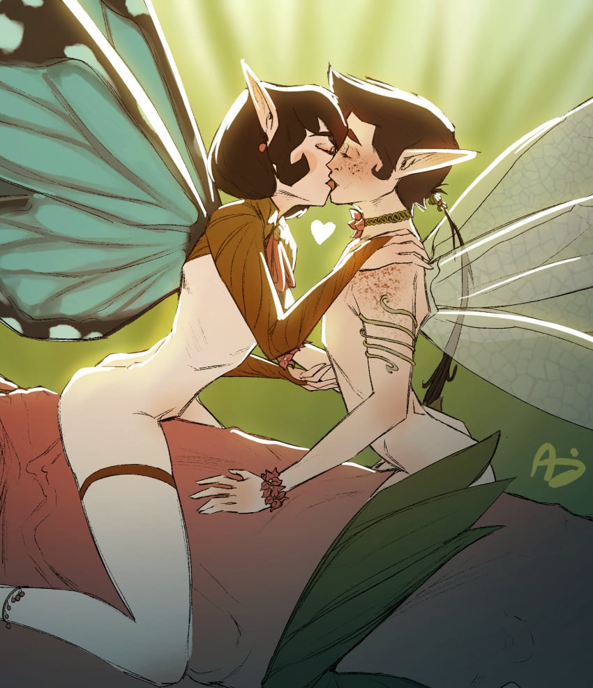 1boy 2girls applesauce_jack brown_hair butterfly_wings dragonfly_wings fairies kissing original pointed_ears ponytail short_hair small_breasts