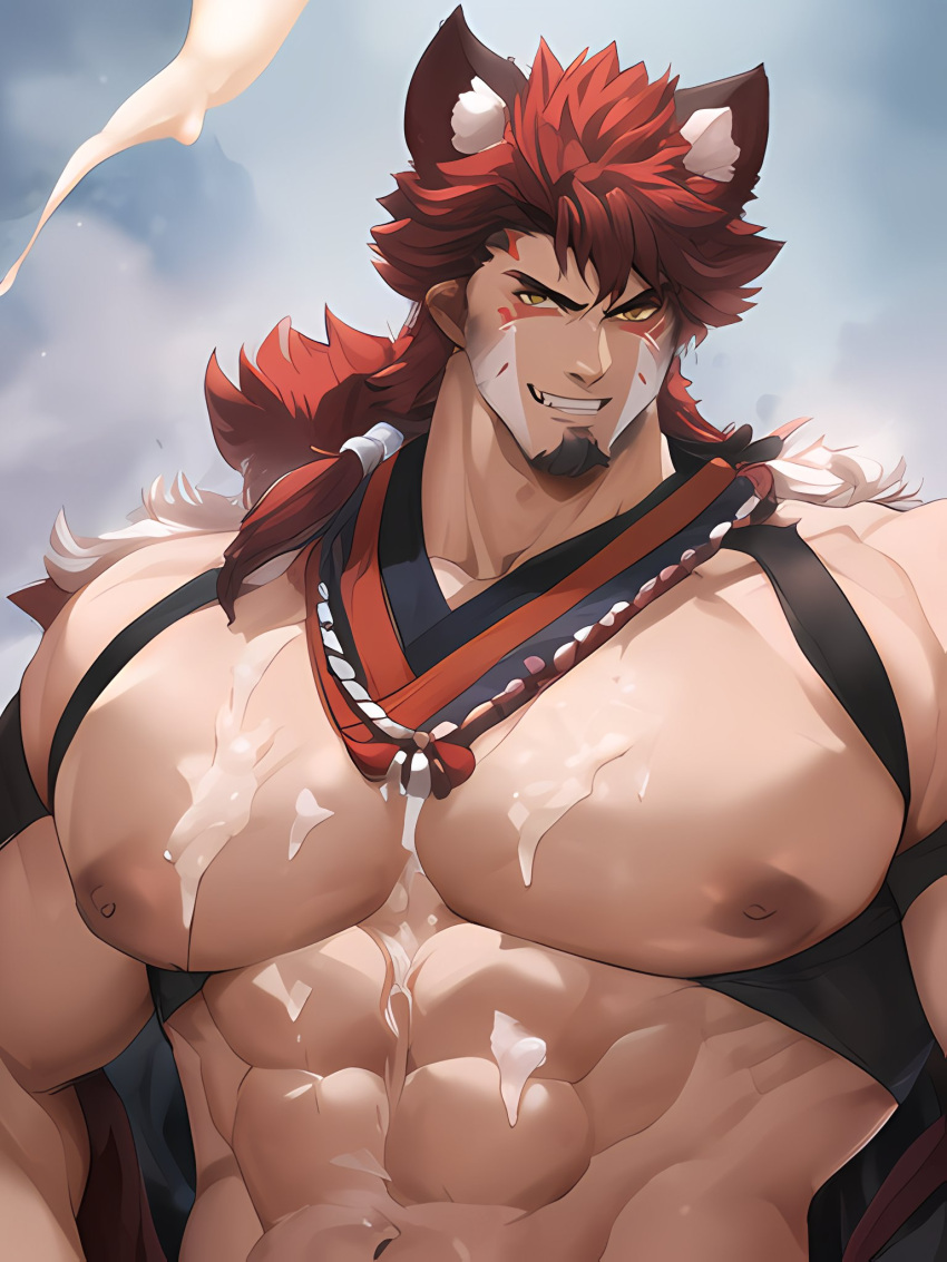 1boy abs ai_generated alternate_pectoral_size animal_ears bara bare_pectorals bare_shoulders biceps body_hair brown_hair chest_hair chest_harness completely_nude covered_abs cum cum_on_body cum_on_boy cum_on_pectorals erection facial_hair goatee happy_sex harness horns japanese_clothes large_pectorals long_sideburns male_focus mature_male medium_hair muscular muscular_male navel navel_hair nipples open_clothes pectoral_press pectorals ponytail revealing_clothes short_hair sideburns solo stable_diffusion stomach streaked_hair thick_thighs thighs tied_hair tight underwear upper_body veins