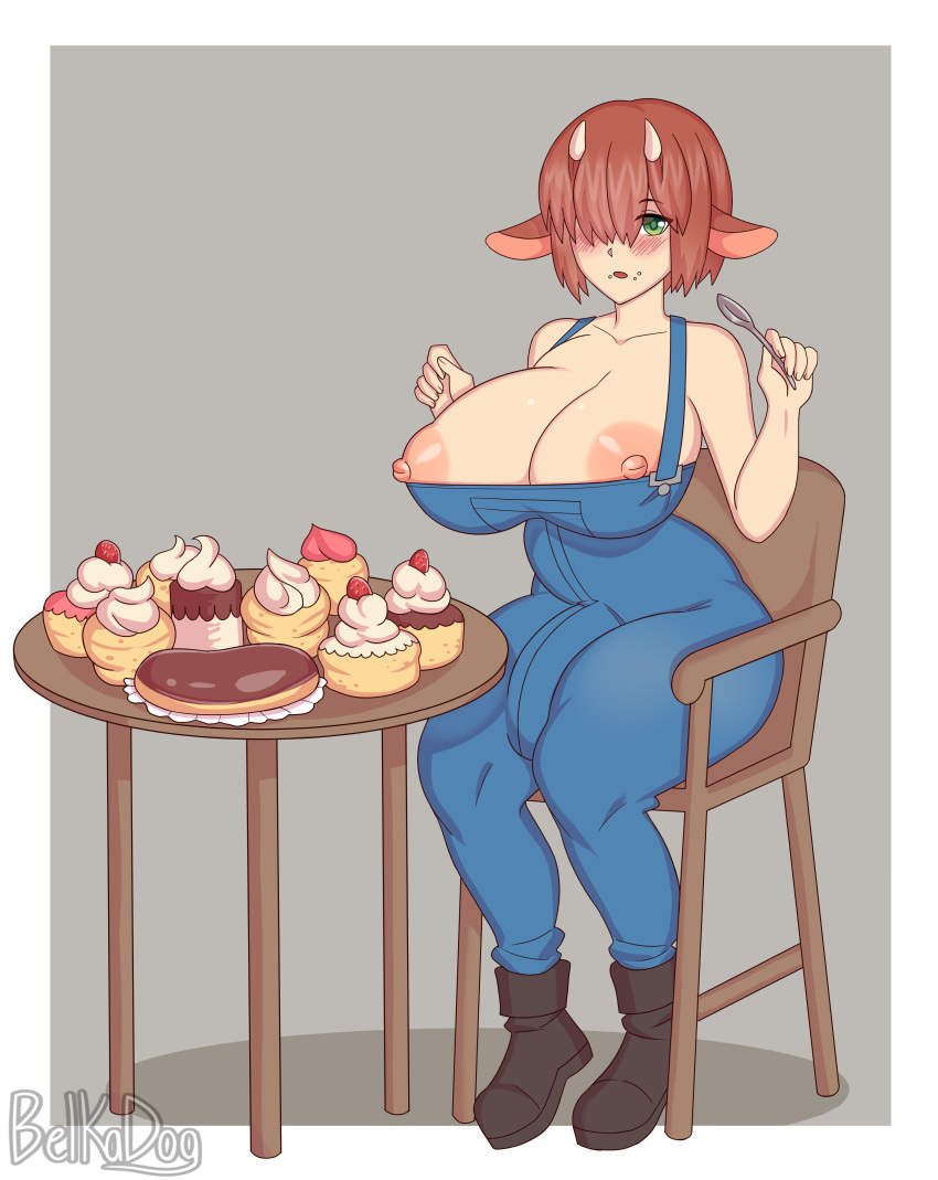 1futa 2021 animal_ears areolae belka_dog big_penis border breast_expansion breasts brown_hair bulge chair clothed clothing cow_ears cow_horns cuccoking cupcake denim dickgirl eating erect_nipples food futa futa_only futanari green_eyes henry_(virgo_the_virgo) horns huge_breasts humanoid humanoid_penis kemonomimi large_breasts large_penis light-skinned_futanari light_skin mostly_clothed nipples overalls penis penis_under_clothes short_hair simple_background sitting solo spoon stool table watermark weight_gain wide_hips