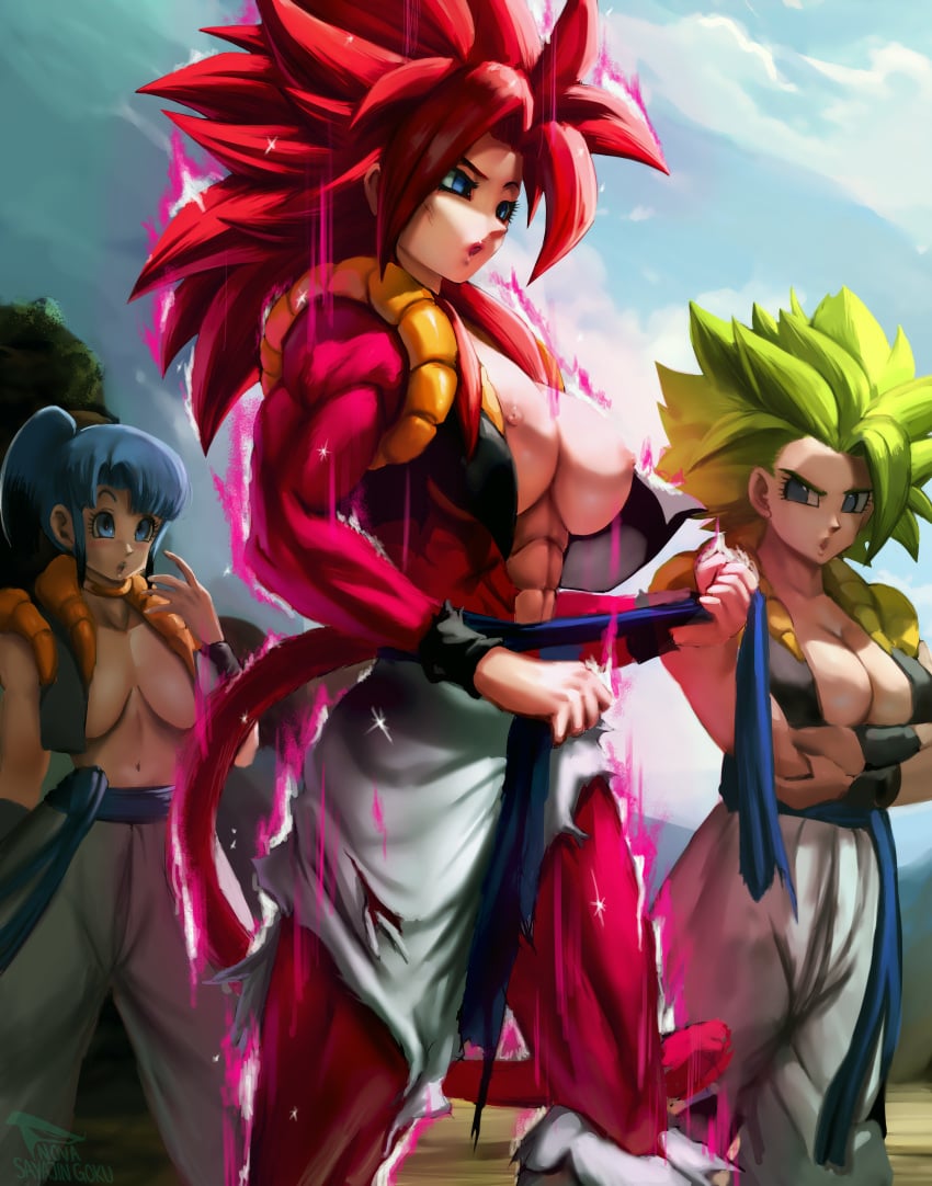 3girls abs blue_eyes blue_hair bulchi caule cleavage dragon_ball dragon_ball_heroes dragon_ball_super elitenappa female female_gogeta female_only fur fusion genderswap gogeta green_hair kefla large_breasts legendary_super_saiyan long_hair multiple_girls muscular_female nipples novasayajingoku red_hair ripped_clothing rule_63 super_saiyan super_saiyan_2 super_saiyan_4 tail vest