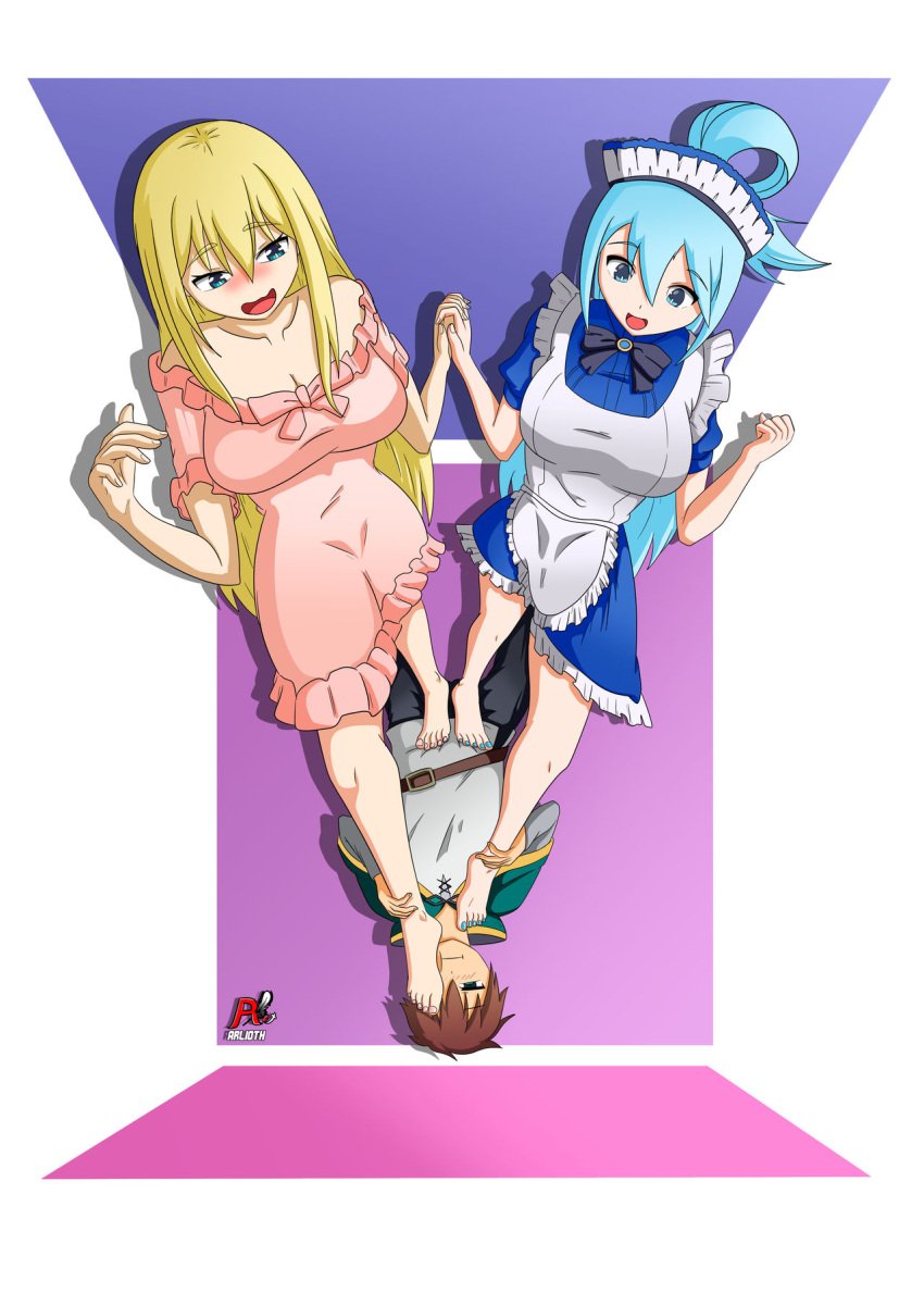 1boy 2girls aqua_(konosuba) arlioth barefoot blush blushing darkness_(konosuba) denki_anma dominant_female domination feet female female_domination femdom foot_fetish foot_grab footjob footjob_over_clothes goddess holding_feet holding_hands kono_subarashii_sekai_ni_shukufuku_wo! maid maid_headdress maid_outfit maid_uniform male multiple_girls nail_polish nightgown satou_kazuma standing standing_footjob standing_on_person stepped_on stepping_on_penis toenail_polish trample trampling