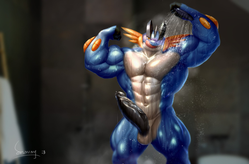 abs balls bath bathing big_penis black_penis blue_skin flexing flexing_bicep generation_3_pokemon humanoid_genitalia humanoid_penis looking_at_viewer male male_only mega_evolution mega_swampert muscular muscular_male nintendo orange_eyes penis pokemon pokemon_(species) precum precum_drip shower signature snoway swampert teeth tongue tongue_out uncut veiny_penis water white_balls white_skin