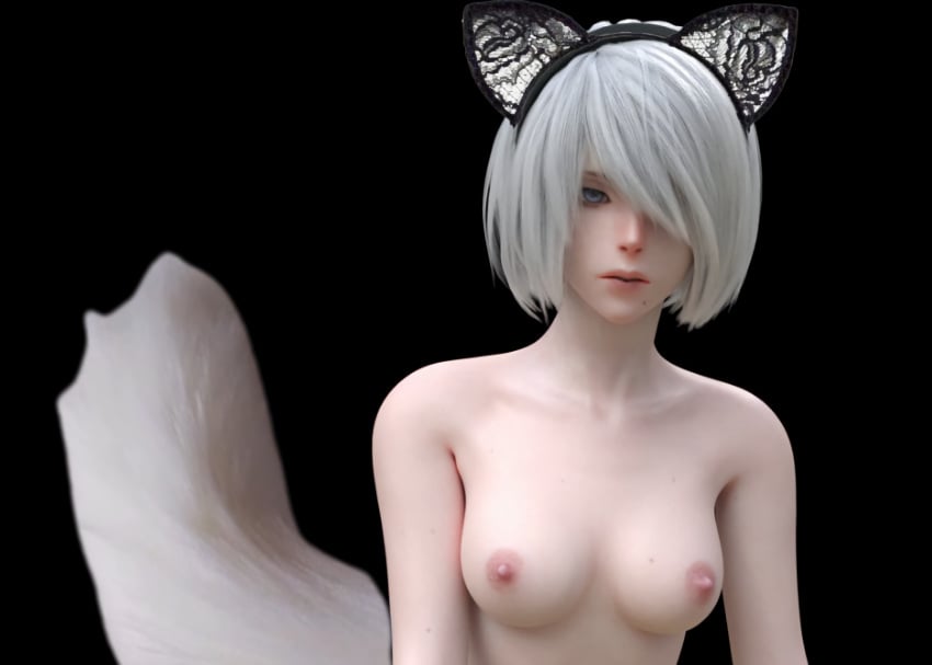 1girls 3d anal blue_eyes cat_ears cat_tail cat_tail_buttplug eyes female female_only highres mouth nier:_automata nier_(series) nose renderingbutts solo white_fur white_hair yorha_2b