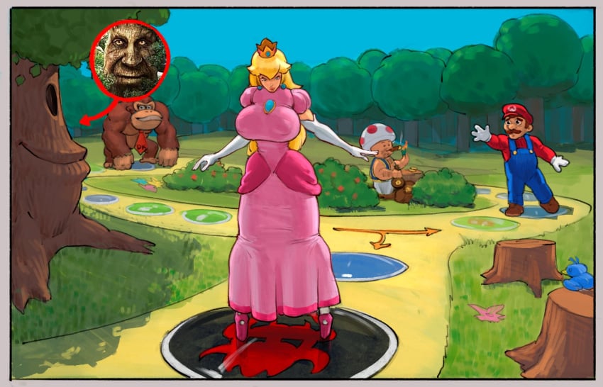 2d arrow blonde_hair bursting_breasts cigar color crown donkey_kong forest gloves imminent iranon large_breasts mario mario_(series) mario_party meme nintendo pink_clothing pink_dress princess_peach tight_clothing tight_dress toad_(mario) tree wise_mystical_tree