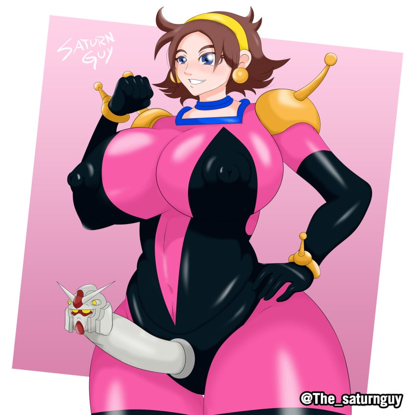 1girls 2023 absurd_res big_breasts blue_eyes breasts brown_hair dildo dildo_with_face female g_gundam grey_dildo grin gundam highres human machine mecha mobile_trace_suit nipple_outline rain_mikamura robot rx-78-2 sex_toy smile strap-on strap-on_with_face strapon teeth the_saturnguy