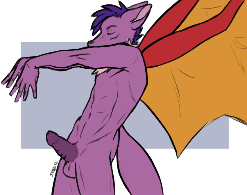 anthro balls closed_eyes dragon genitals hair hi_res isakalts male penis purple_dragon purple_hair solo wings zoham