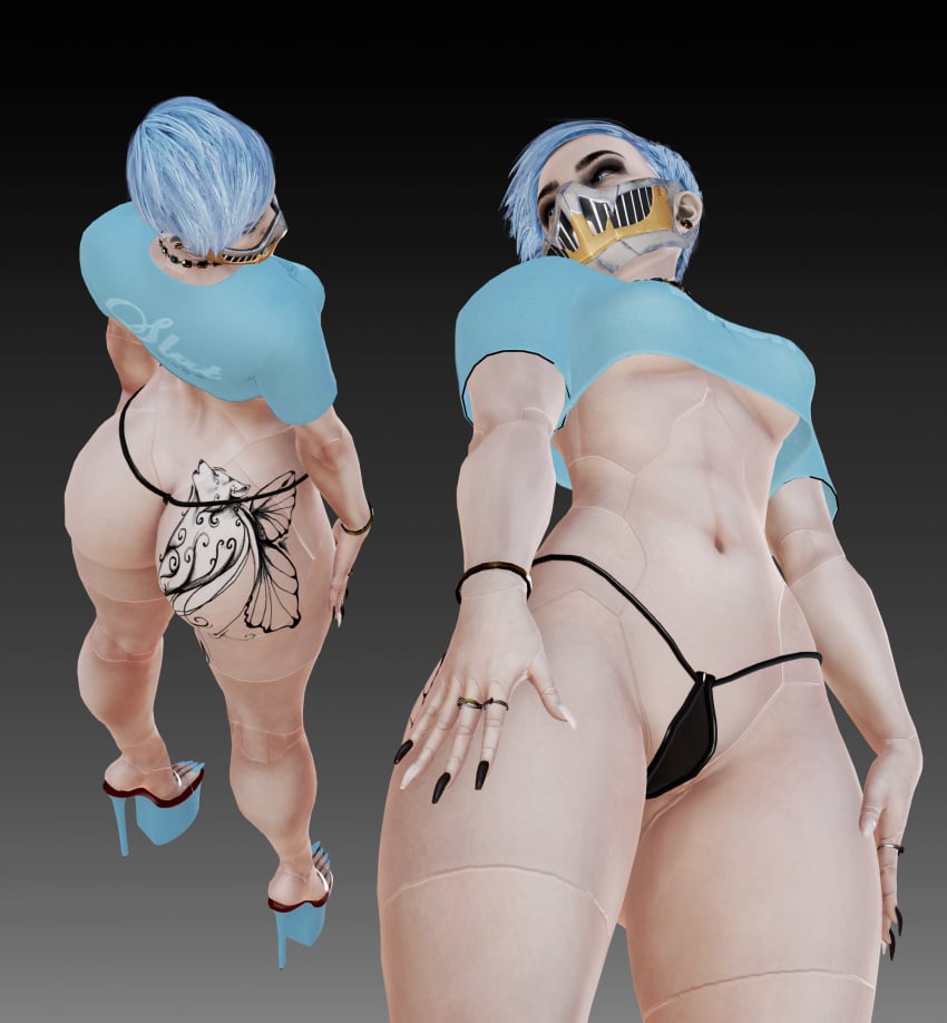 3d 3d_(artwork) big_ass blue_eyes blue_hair bracelet cybernetics cyberpunk_girl earrings fat_ass frost_(mortal_kombat) high_heels honey_select ihateasuka illusion_soft jewelry long_nails long_toenails makeup mask masked masked_female mortal_kombat mortal_kombat_11 necklace platform_heels ring simple_background studio_neo tattoo tattoo_on_butt tattoos thick_eyebrows thick_thighs underboob