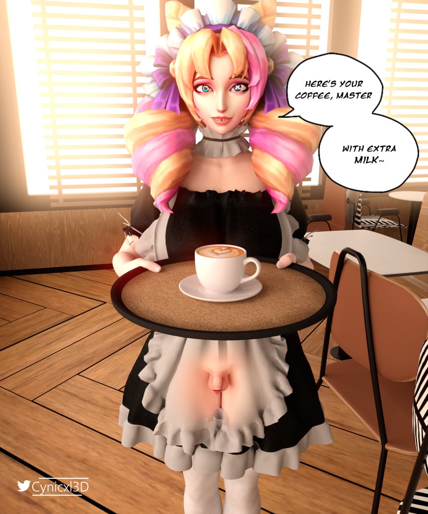 1futa 3d apron blonde_hair blue_eyes cafe cafe_cutie_gwen cafe_cuties_series clothed clothing coffee coffee_mug colorful_hair cynicxl3d fully_clothed futa_only futanari gwen_(league_of_legends) league_of_legends maid maid_apron maid_outfit maid_uniform pink_hair public see-through see-through_clothing small_penis smile smiling solo standing stockings teeth_showing text text_box text_bubble waitress white_stockings x-ray