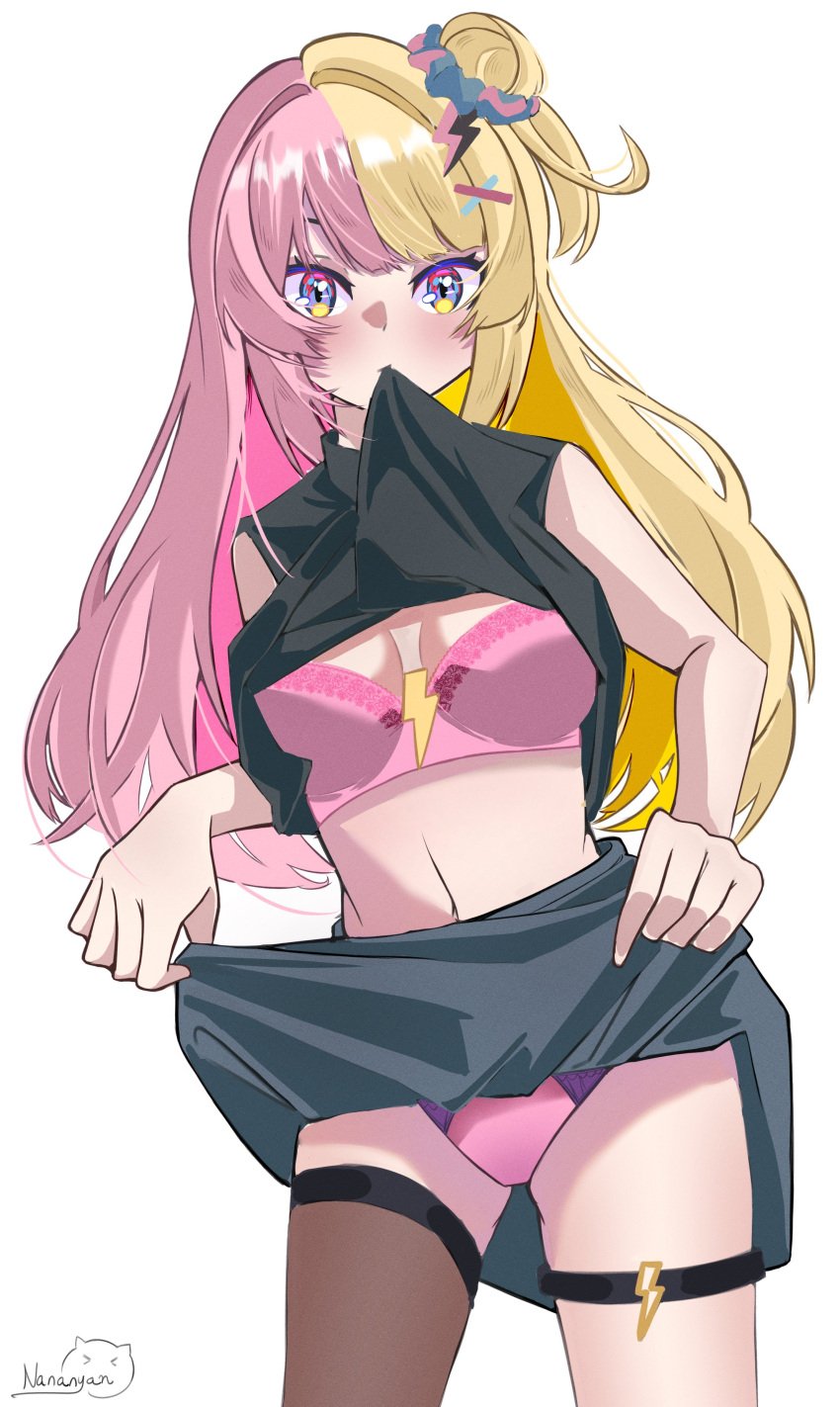 1girls blue_eyes blush hair_accessory hi_res highres kotoka_torahime legwear looking_at_viewer nananyan nijisanji nijisanji_en pink_hair pink_underwear shirt_lift shirt_up showing_off showing_underwear skirt_lift skirt_up solo solo_female solo_focus stockings thigh_strap thighhighs tied_hair two_tone_hair underwear virtual_youtuber white_background x_hair_ornament yellow_hair