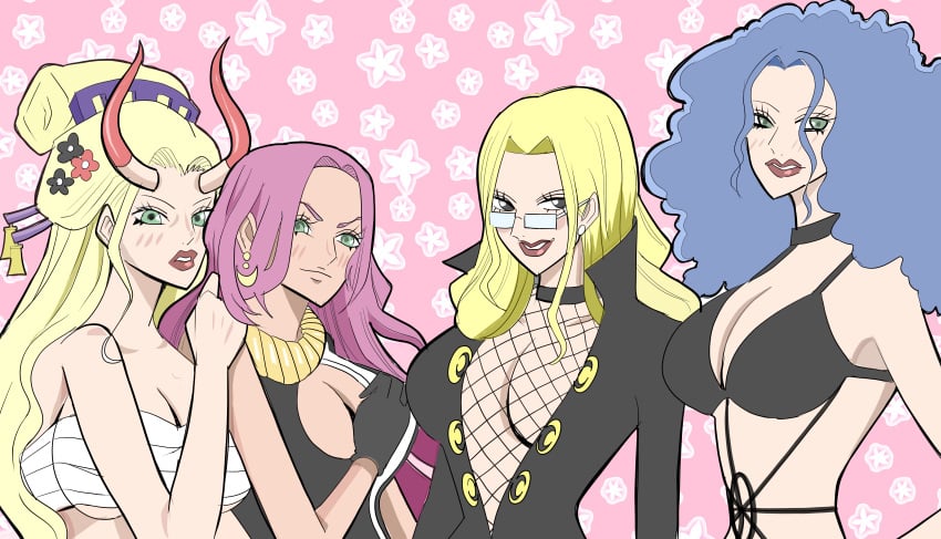 2023 4girls arabasta_saga baccarat_(one_piece) baroque_works beast_pirates black_maria blonde_hair blue_hair breasts faintdrawing_(artist) female female_only glasses horns huge_breasts kalifa miss_doublefinger one_piece one_piece_film_gold pink_hair shounen_jump toei_animation wano_country zala_(one_piece)