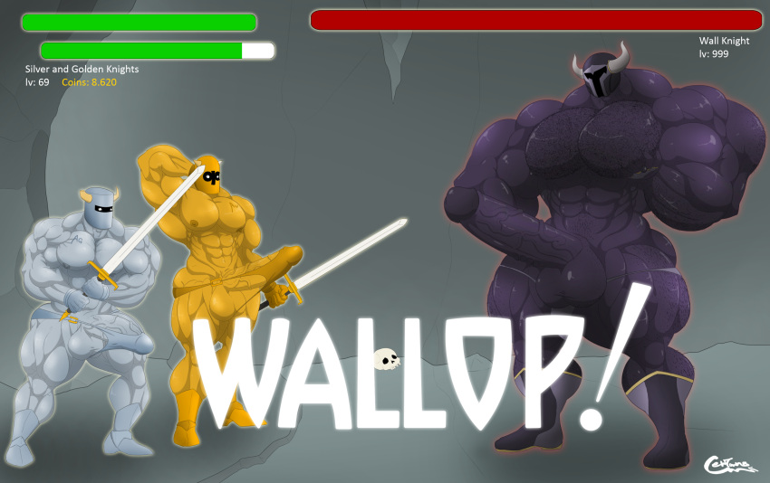 3boys abs absurd_res anthro armor balls big_balls big_muscles big_penis boner centaurus clothed clothing duo english_text erection erection_under_clothing fighting_game gameplay_mechanics genitals group hair headgear health_bar helmet hi_res huge_cock huge_muscles human hyper hyper_muscles knight male male_only mammal melee_weapon muscular muscular_anthro muscular_male nipples nude pec_grab pecs penis ripped-saurian simple_background size_difference sword tenting text trio vein warrior weapon