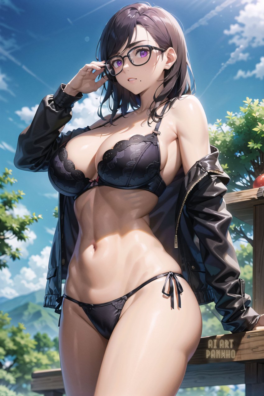 1girls ai_art_panwho ai_generated bikini black_hair black_lingerie curvaceous curvy_body curvy_female curvy_figure female_focus female_only glasses hi_res long_hair minakata_hizuru seductive_look stable_diffusion summertime_render underwear voluptuous voluptuous_female