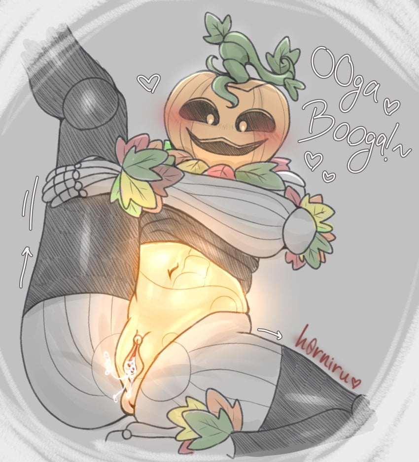 2023 anthro anthrofied anus belly_button blush clothing english_text female female_only h0rniru heart highres looking_at_viewer monster monster_girl my_singing_monsters plant_humanoid pumpkin_head punkleton pussy raised_leg smile solo thighhighs transparent_body video_games