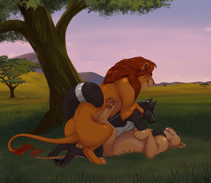 aaron_blackfox ambiguous_penetration anthro anthro_on_feral balls bisexual bisexual_sandwich canid canine detailed_background digital_media_(artwork) disney felid female female_penetrated feral fox fur genitals group group_sex lion malaika4 male male/female male/male male_penetrated male_penetrating male_penetrating_female male_penetrating_male mammal nala pantherine penetration plant sandwich_position sex simba smile tail the_lion_king threesome tree trio zoophilia