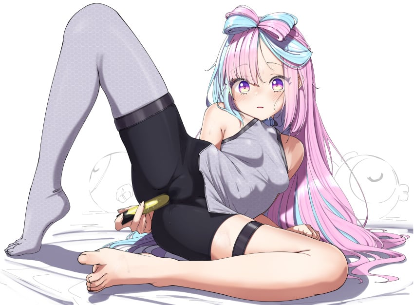 absurdres bangs bare_shoulders barefoot black_shorts blue_hair blush bow-shaped_hair breasts clothed_masturbation crotch feet female female_masturbation grey_pantyhose grey_shirt highres iono_(pokemon) long_hair looking_at_viewer masturbation multicolored_hair pantyhose penetration_through_clothes pink_eyes pink_hair pokemon pokemon_(game) pokemon_sv pussy_juice pussy_juice_drip_through_clothes pussy_juice_on_fingers pussy_juice_stain sex_toy shinomu_(cinomoon) shirt shorts single_leg_pantyhose sleeveless sleeveless_shirt small_breasts solo spread_legs two-tone_hair very_long_hair vibrator