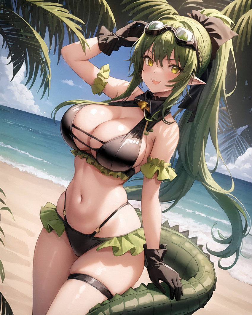 ai_generated arknights belly_button bikini black_bikini crocodile_tail gavial_the_invincible_(arknights) goggles_on_head green_hair pointy_ears ponytail swimsuit yellow_eyes