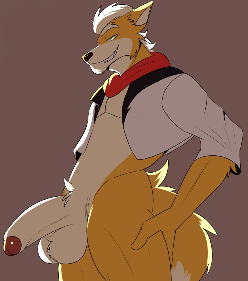 absurd_res anthro balls bottomless clothed clothing drawingwolf2611 foreskin fox_mccloud genitals hi_res jacket_only looking_at_viewer low-angle_view male nintendo penis solo star_fox