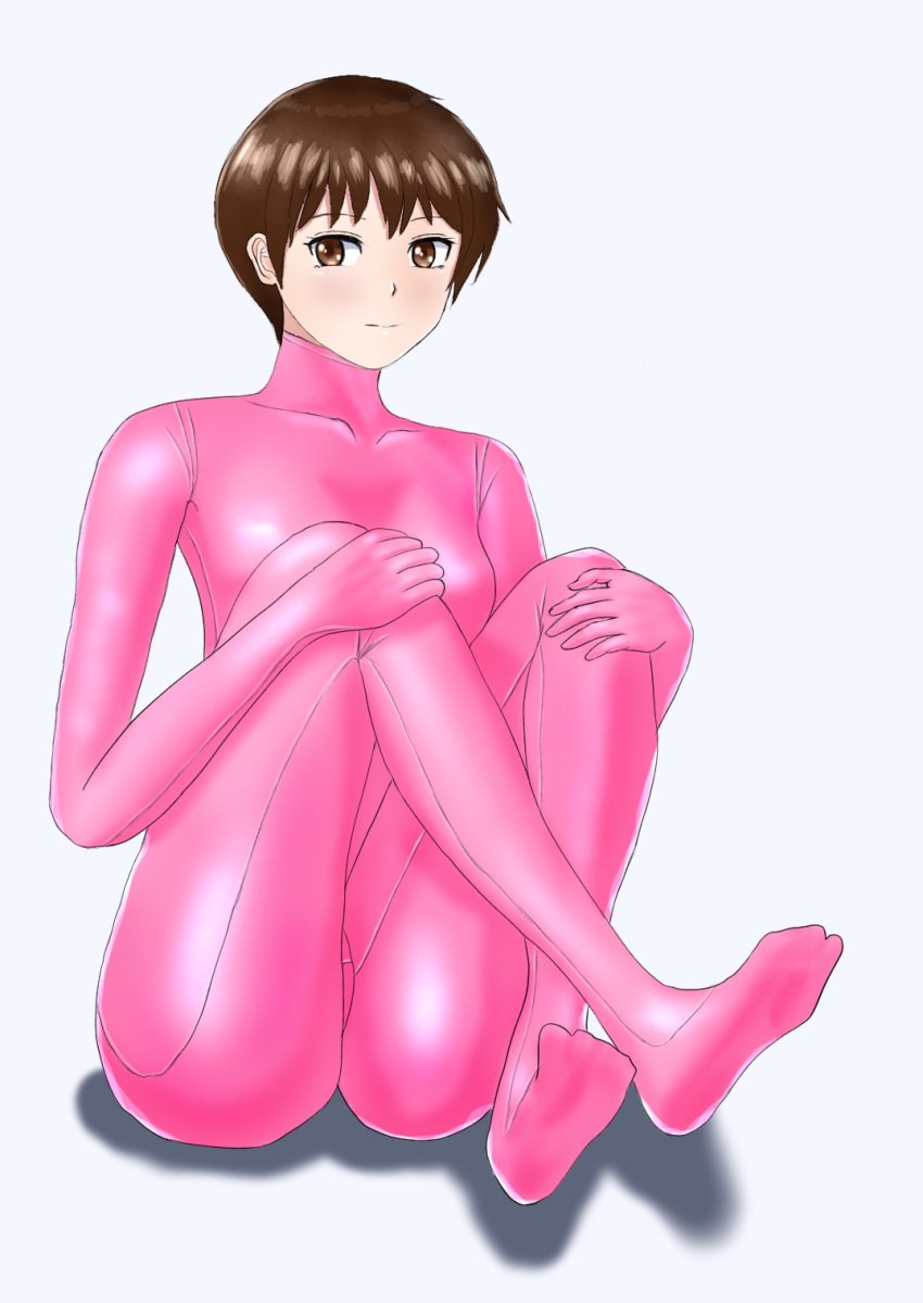 1girls bodysuit brown_eyes brown_hair fully_clothed light-skinned_female light_skin looking_at_viewer pink_bodysuit short_hair skinsuit solo spandex tight_bodysuit tight_clothing white_background zentai