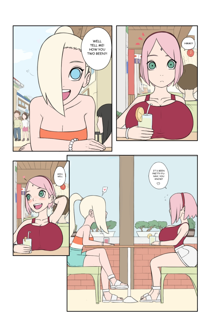 2girls ass bar big_ass big_breasts biggies00 blonde_hair boruto:_naruto_next_generations breasts_on_table chair chibi comic dialogue drink drinking_glass embarrassed english_text female female_only friends glass holding_object ino_yamanaka mature mature_female milf multiple_girls naruto naruto_(series) pink_hair sakura_haruno sitting sitting_on_chair speech_bubble story table talking talking_to_another text voluptuous voluptuous_female