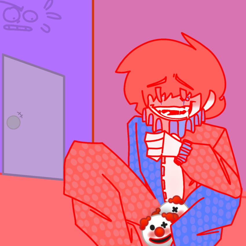 censored clown drooling masturbation no_visible_genitalia oc original_character own_character pleasure_face red_hair unzipped_bodysuit