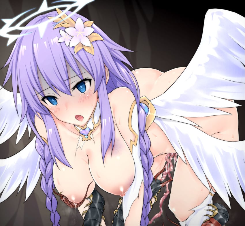 1girls angel_wings arthropod ass birth blue_eyes bodily_fluids breast_sucking breasts centipede collar cpu_(neptunia) crawling detached_sleeves female_focus front_view goddess hair_ornament insectophilia insects long_hair mingaru multi_wing neptune_(neptunia) neptunia_(series) nipples open_mouth power_symbol-shaped_pupils purple_hair purple_heart_(neptunia) ripped_clothing side_view twin_braids umbilical_cord wings zoophilia