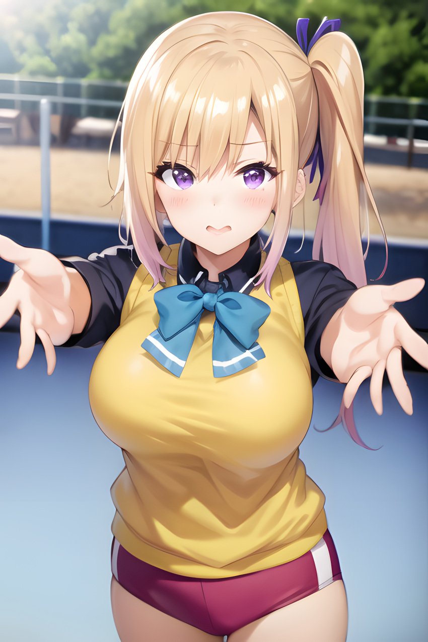 ai_generated big_breasts blonde_hair blush female kawakami_mai looking_at_viewer musaigen_no_phantom_world open_mouth ponytail school_uniform violet_eyes