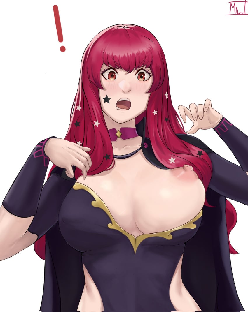 ! 1girls accidental_exposure bangs bare_midriff breasts breasts_out choker cleavage female female_only fire_emblem fire_emblem_engage hair_ornament large_breasts long_hair magdalenus27 midriff nintendo nipples one_breast_out open_mouth red_hair shocked solo star_(symbol) tattoo upper_body wardrobe_malfunction white_background yunaka_(fire_emblem)