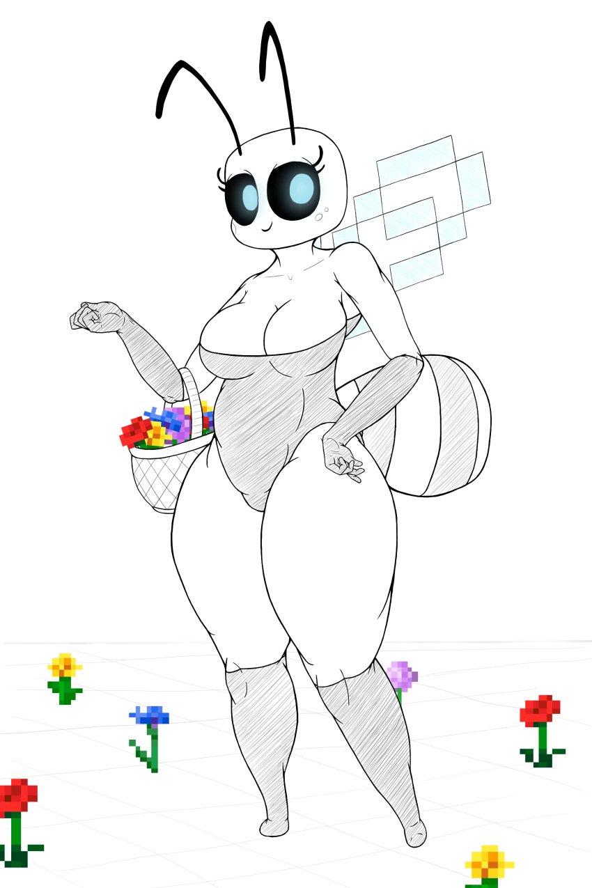 1girls antennae anthro basket bee bee_(minecraft) bee_girl blue_eyes breasts chubby digital_media_(artwork) facrec flower glowing_eyes hi_res holding_object line_art looking_away microsoft minecraft mojang monochrome self_upload simple_background solo stinger stockings swimsuit thick_thighs wings xbox_game_studios