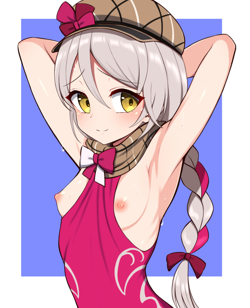 1girls armpit_fetish armpits arms_behind_head arms_up bangs between_breasts blue_background blush border braid braided_ponytail breasts breasts_out brown_scarf clothes_between_breasts commentary_request female fire_emblem fire_emblem_engage framme_(fire_emblem) grey_hair hair_between_eyes hair_ribbon hat highres hondaranya looking_at_viewer medium_hair nintendo nipples outside_border paid_reward_available plaid plaid_scarf ponytail ribbon scarf simple_background small_breasts smile solo sweat upper_body white_border yellow_eyes