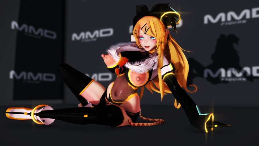 3d alternate_breast_size belt big_breasts blonde_hair blue_eyes bow_hairband erect_nipples headset_microphone huge_breasts image iwara kagamine_rin lion_musashi long_sleeves mmd nipple_cutout open_mouth seductive_gaze skimpy tall_female thighhighs vocaloid